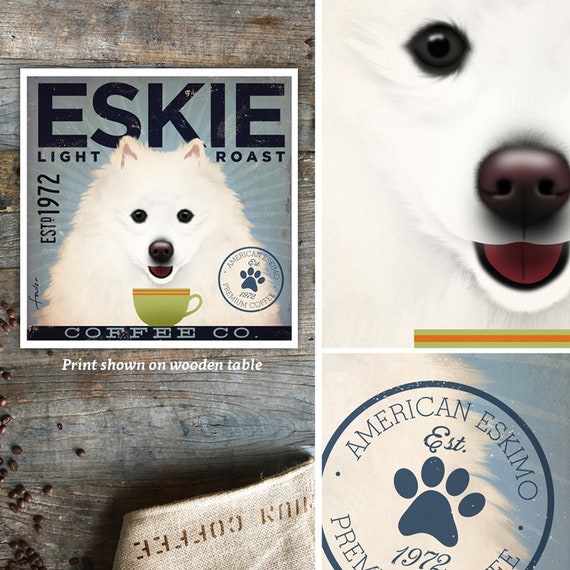 American Eskimo Eskie Dog Coffee Company Illustration Giclee Signed Artists Print By Stephen Fowler