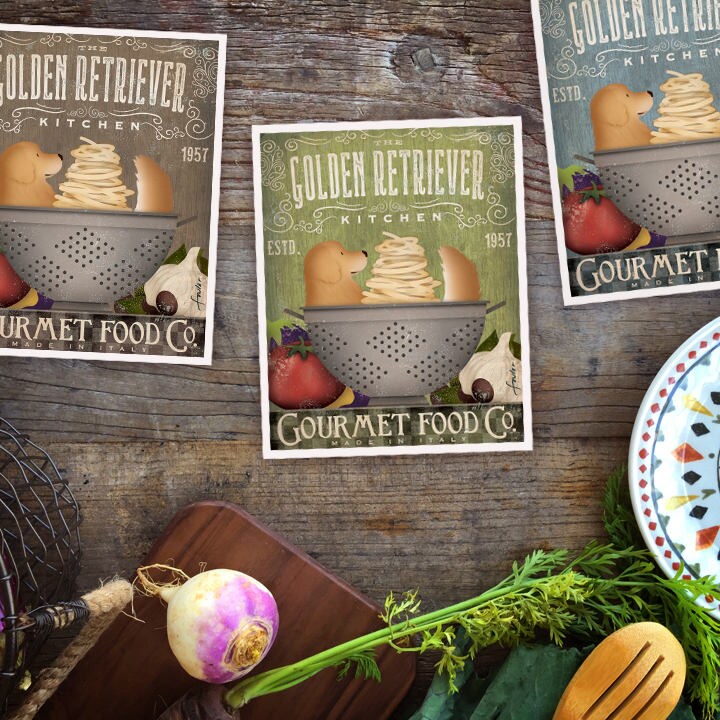 Golden Retriever Dog Kitchen artwork chef cooking dog illustration in graphic art print by Stephen Fowler