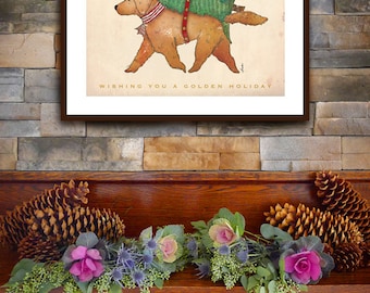 Golden Retriever Hund Weihnachtsbaum Kunstwerk ungerahmt Signierter Druck von Stephen Fowler