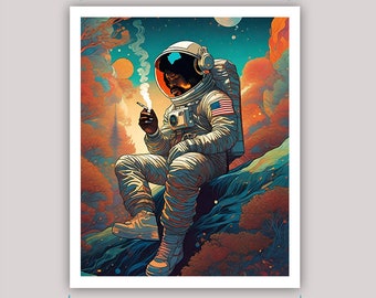 astronaut, spacesuit, cosmic, smoke break, futuristic, space, boom box, music producer, art, illustration UNFRAMED print