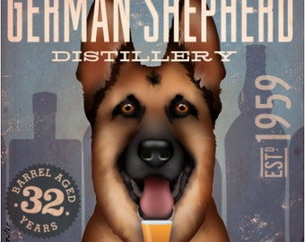 german shepherd, gsd, bourbon, whiskey, distillery, bar art, illustration, UNFRAMED, print, fowler