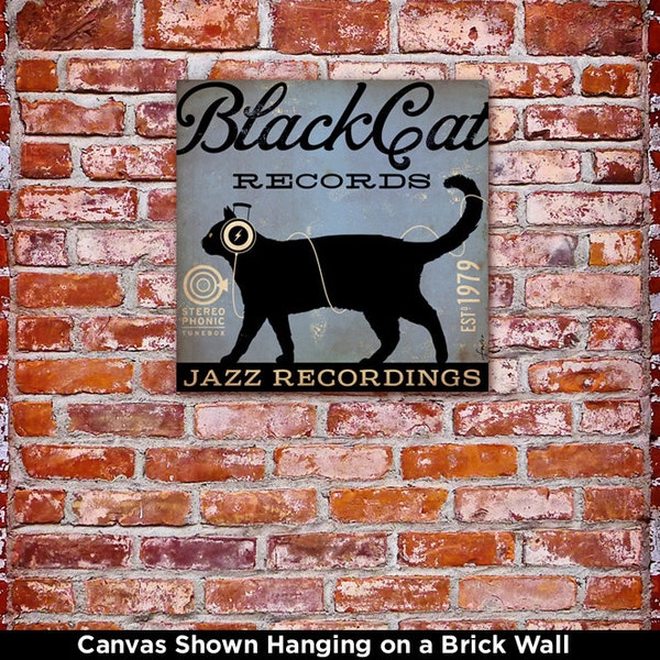 black cat, cat, records, album, cat lover, music, wall art, CANVAS, fowler