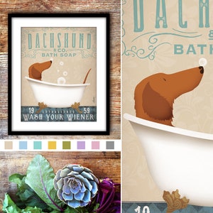 longhaired dachshund, bath, wash your wiener, wiener dog, bath art, clawfoot tub, UNFRAMED print, dachshund fowler