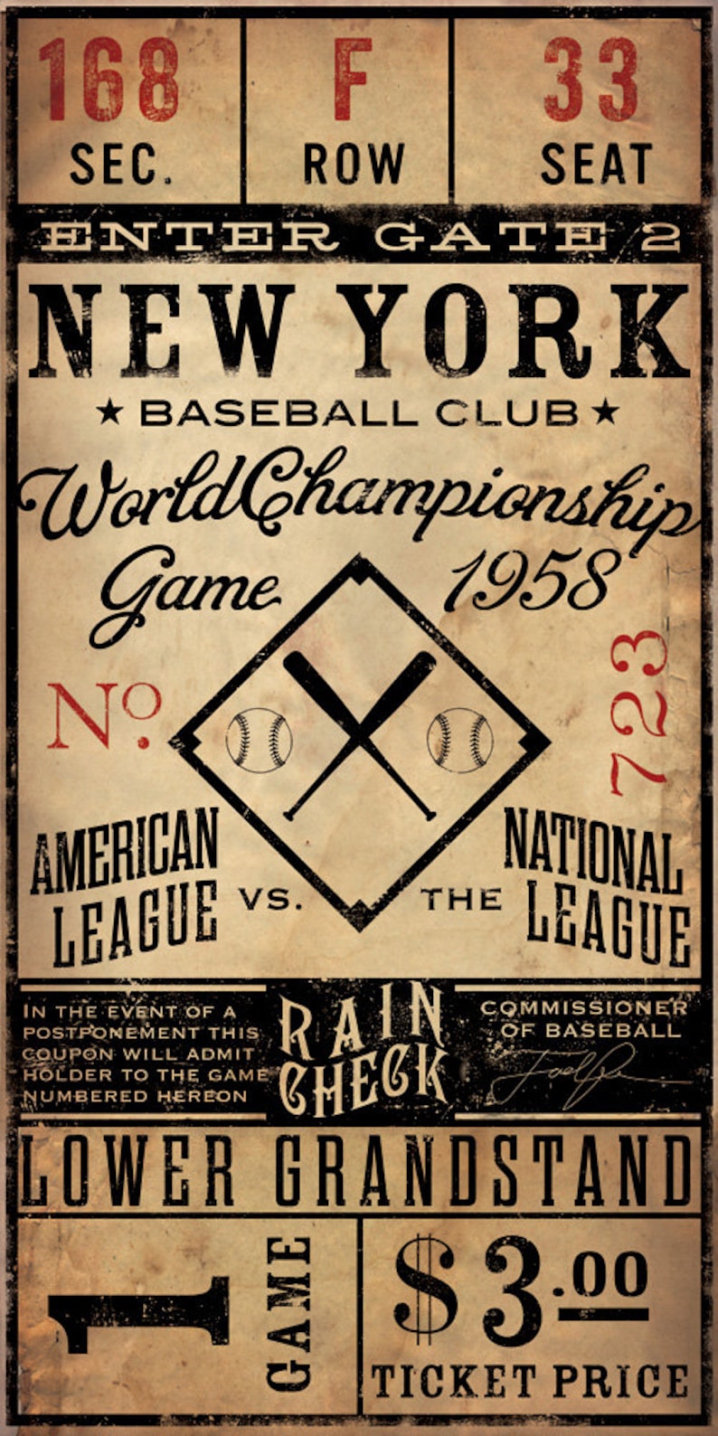 Vintage Style New York Baseball Ticket Graphic Artwork Giclee Etsy