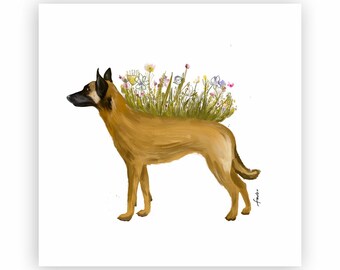 Belgian Malinois, dog, flowers, floral, painting, art, artwork, wildflowers, illustration, UNFRAMED, print