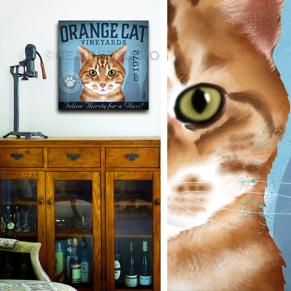 Orange Tabby Cat wine company illustration on gallery wrapped canvas by Stephen Fowler geministudio