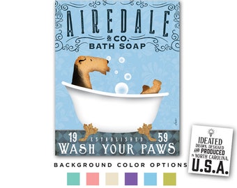 airedale, terrier, dog, bath, tub, clawfoot, bubble, soap, powder room, CANVAS, personalized gift