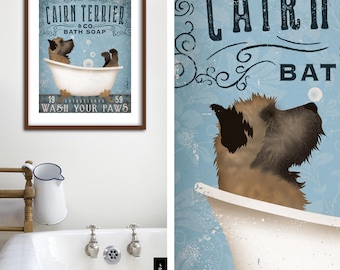 May include: A vintage-style illustration of a Cairn Terrier dog taking a bath in a white bathtub. The illustration is on a blue background with the text "Cairn Terrier & Co. Bath Soap Established 19 59 Wash Your Paws".
