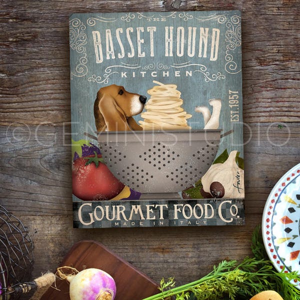 Basset Hound dog kitchen artwork on gallery wrapped canvas by Stephen Fowler