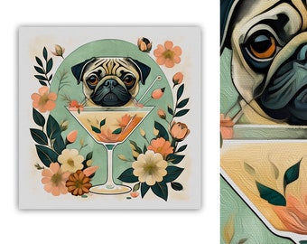 pug, flowers, art dog, martini, cocktail bar, illustration, painting, gift, 6x6 canvas, panel
