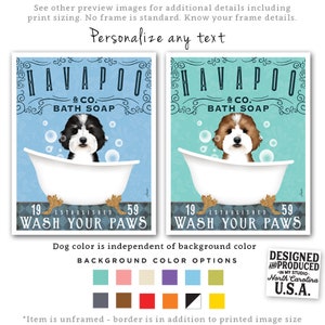 May include: A vintage-style illustration of a Havanese dog in a bathtub with bubbles. The text reads "Havapoo & Co. Bath Soap" and "Established 1959 Wash Your Paws". The background is light blue.