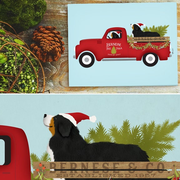 Bernese Mountain Dog Berner Christmas Tree Farm Red Truck Etsy