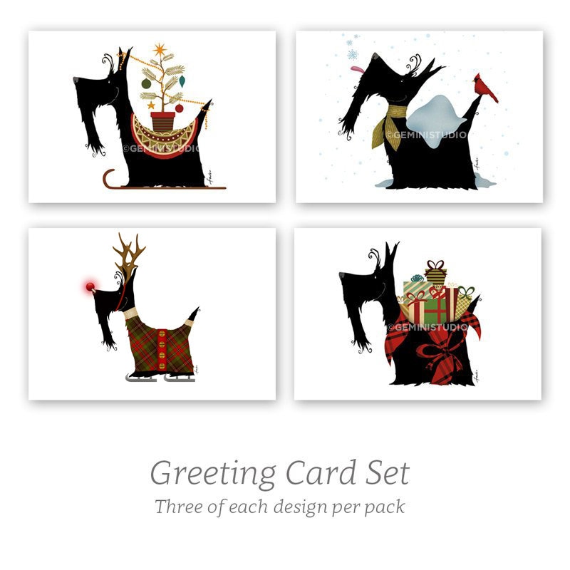 SCOTTISH TERRIER IN SNOW WITH SCARF 4 SCOTTIE DOG PRINT GREETING CHRISTMAS CARDS 