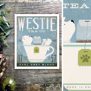 westie, west highland terrier, dog, tea, teacup , tea room, tea party, earl grey, green tea, wall art UNFRAMED, print, fowler