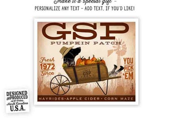 gsp, german, shorthaired, pointer, dog, cart, halloween, pumpkin farm, october, coffee, art, UNFRAMED, print