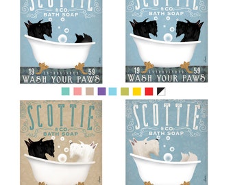 scottie, dog, scottish terrier, bath, bath tub, soap, bubble, clawfoot tub, powder room, UNFRAMED, print, personalized gift