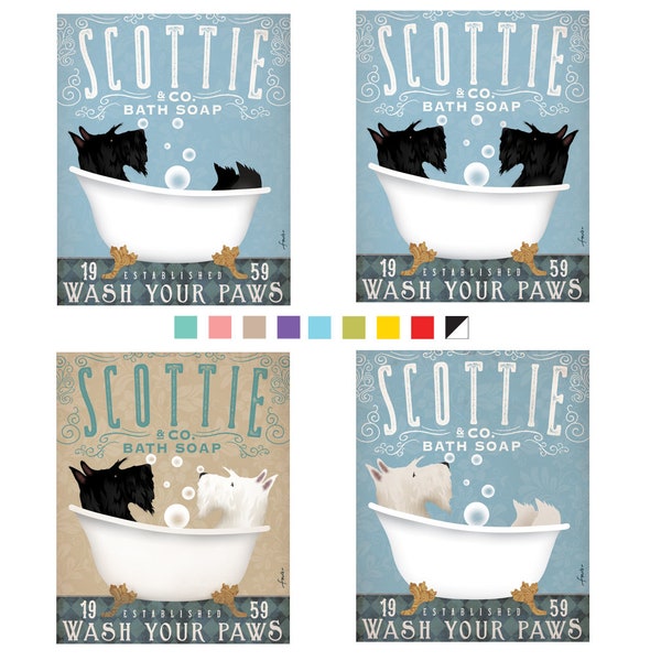 scottie, dog, scottish terrier, bath, bath tub, soap, bubble, clawfoot tub, powder room, UNFRAMED, print, personalized gift