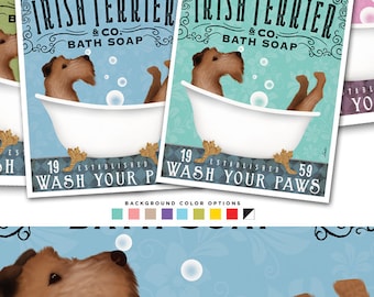 terrier irlandés, perro, baño de burbujas, jabón, bañera con patas, tocador, SIN MARCO, impresión, el borde agrega una pulgada