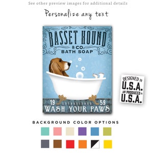 Basset Hound Bath Canvas Art: Wash Your Paws, Personalized Dog Gift