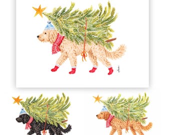 doodle, goldendoodle, dog art, tree, christmas tree, holiday, UNFRAMED, print, winter
