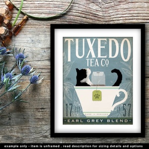 Tuxedo Cat, kat, thee, theekopje, theesalon, theekransje, graaf grijs, groene thee, kunst aan de muur UNFRAMED, print, fowler