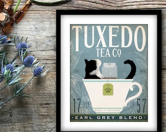 Tuxedo Cat, cat, tea, teacup , tea room, tea party, earl grey, green tea, wall art UNFRAMED, print, fowler