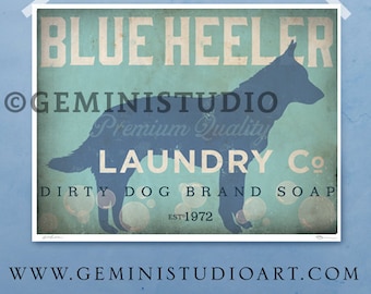 Blue Heeler Australian Cattle Dog Wäschereiunternehmen Wäscheraum Kunstwerk Giclée Archivierung signierter Künstlerdruck Pick A Size