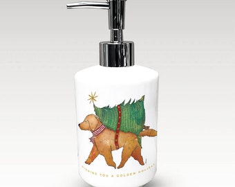 golden retriever, dog, christmas, holiday, ceramic SOAP DISPENSER, art, dog, fowler, etsy, geministudio, bathroom