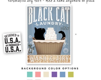 Black cat laundry basket company laundry room artwork UNFRAMED signed artists print by stephen fowler geministudio