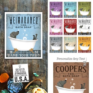 weimaraner, grey dog, dog, bath tub, clawfoot tub, bubble bath, powder room, UNFRAMED, art, personalized gift