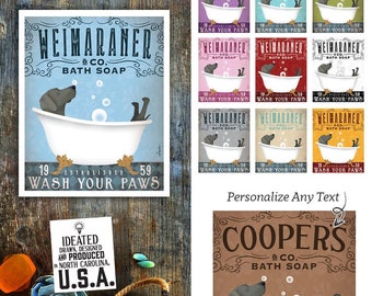 weimaraner, grey dog, dog, bath tub, clawfoot tub, bubble bath, powder room, UNFRAMED, art, personalized gift