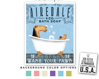 airedale, terrier, dog, bath, tub, clawfoot, bubble, soap, powder room, UNFRAMED, print, personalized gift, wash your paws