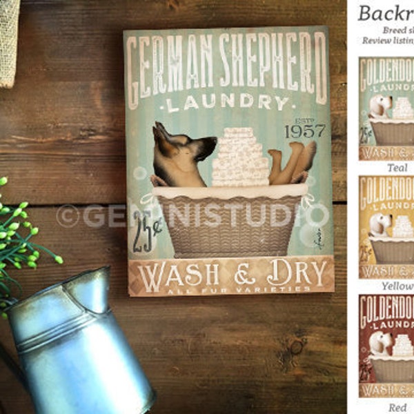 German Shepherd dog Laundry Company basket illustration graphic art on canvas by stephen fowler