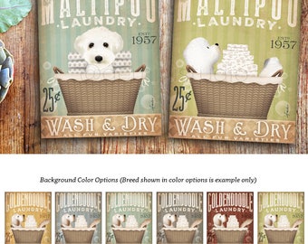 Maltipoo dog Laundry Company basket illustration graphic art on canvas by stephen fowler