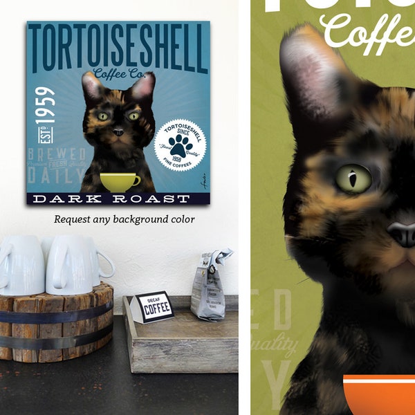 tortoiseshell cat, torte, tortie, coffee, canvas, wall art, coffee lover