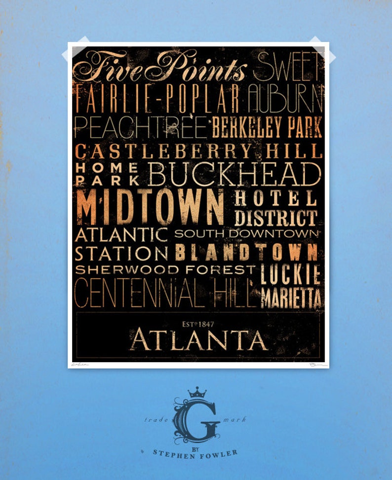 Atlanta Georgia neighborhoods typography graphic illustration print by Stephen Fowler PIck A Size image 1