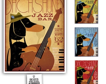 Dachshund Jazz Bar original graphic illustration giclee archival signed print by Stephen Fowler