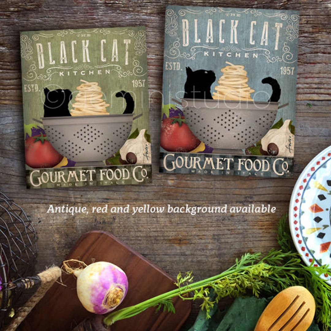 Black Cat Kitchen Artwork Decor on Gallery Wrapped Canvas by Etsy