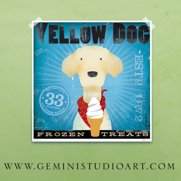 yellow dog, lab, labrador, art, artwork, illustration, ice cream, UNFRAMED, print, personlized gift