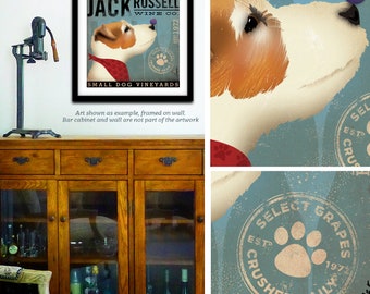 May include: A framed art print featuring a Jack Russell Terrier with a grape on its nose. The print has a blue background with the text "JACK RUSSELL WINE CO." and "SMALL DOG VINEYARDS". The artwork includes a paw print.