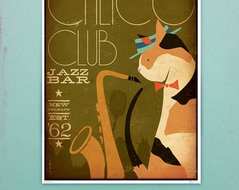 May include: A retro poster advertising the Calico Club Jazz Bar, established in '62 in New Orleans. The image shows a calico cat playing a saxophone, wearing a hat and bow tie. The poster's colour scheme includes brown, orange, and green tones, with the text 'Calico Club' at the top.