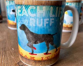 gsp, pointer, german shorthaired, dog, beach, sandals, beach life, beach art, vacation, mug, coffee, cottage, ocean MUG, graphic both sides