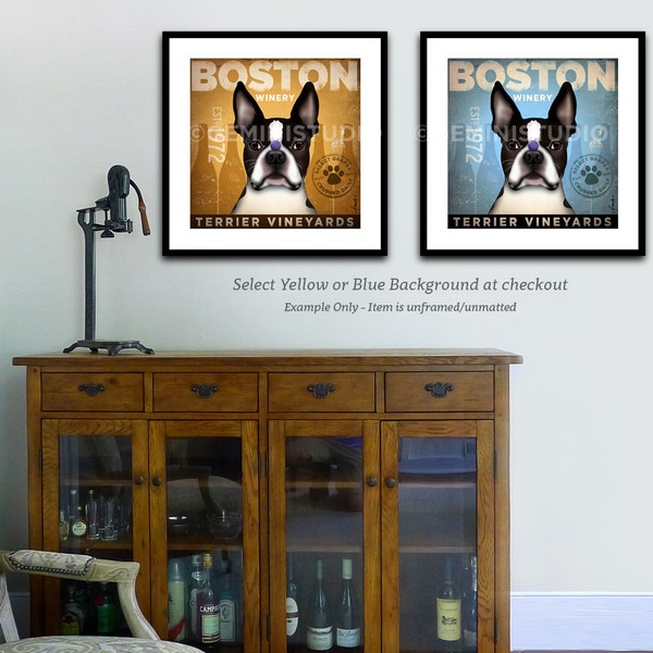 Boston Terrier dog Winery company illustration giclee archival signed artist's print by stephen fowler geministudio