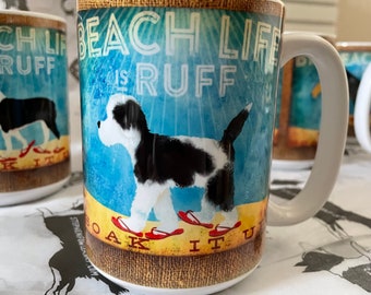 sheepadoodle, dog, beach, sandals, beach life, beach art, vacation, mug, coffee, cottage, ocean MUG, graphic both sides