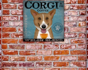 Illustration graphique de chien Welsh Corgi Coffee Company sur toile par Stephen Fowler