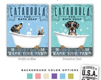 Catahoula Leopard, dog cur bath soap, bath tub, bubbles, clawfoot tub, powder room, wash your paws, CANVAS