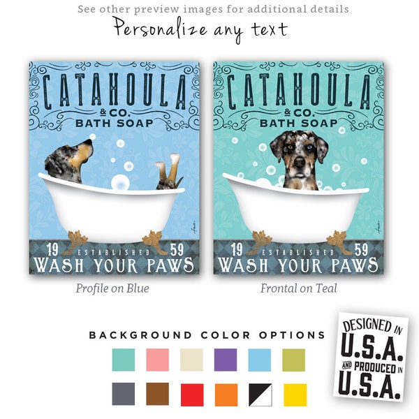 Catahoula Leopard, dog cur bath soap, bath tub, bubbles, clawfoot tub, powder room, wash your paws, CANVAS