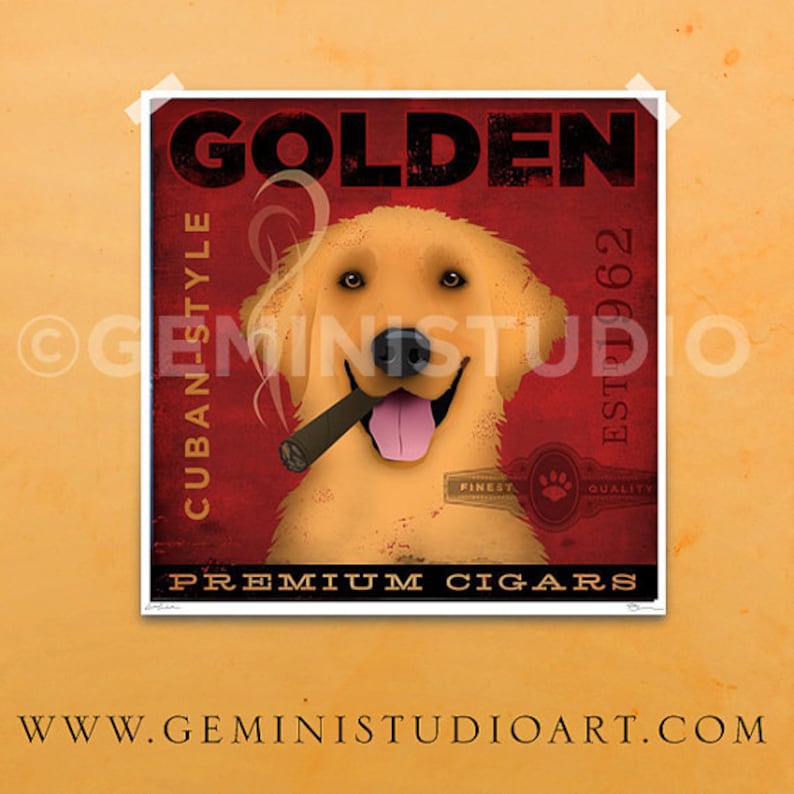Golden Retriever dog Cigar company illustration giclee archival signed artist's print by stephen fowler image 1