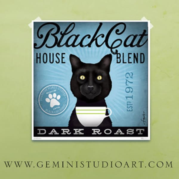 Black Cat Coffee company artwork original graphic illustration signed archival artists print giclee by stephen fowler