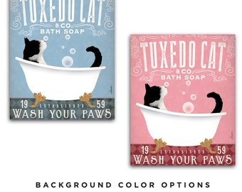 tuxedo cat, bath, tub, clawfoot, bubble, soap, powder room, CANVAS, personalized gift